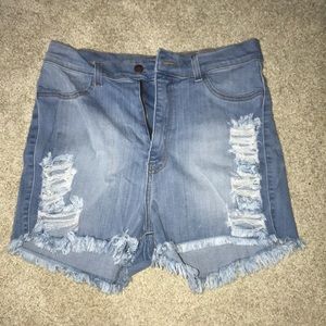 High waisted light washed shorts